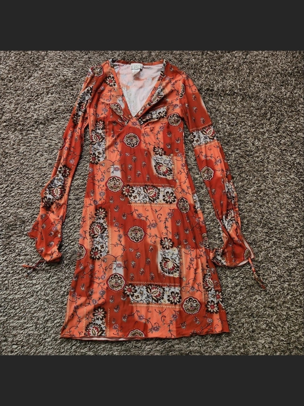 glam Orange Floral V-Neck Long Sleeve Dress